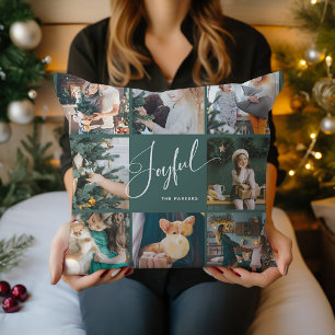 Joyful Elegant Script Multi Photo Christmas Throw Pillow