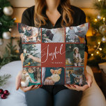 Joyful | Elegant Script Multi Photo Christmas Throw Pillow<br><div class="desc">This elegant red Christmas pillow says "Joyful" in modern white script calligraphy. Add eight of your favorite family photos and your name for a stylish and festive holiday keepsake.</div>