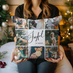 Joyful | Elegant Script Multi Photo Christmas Throw Pillow<br><div class="desc">This elegant black and white Christmas pillow says "Joyful" in modern black script calligraphy. Add eight of your favorite family photos and your name for a stylish and festive holiday keepsake.</div>