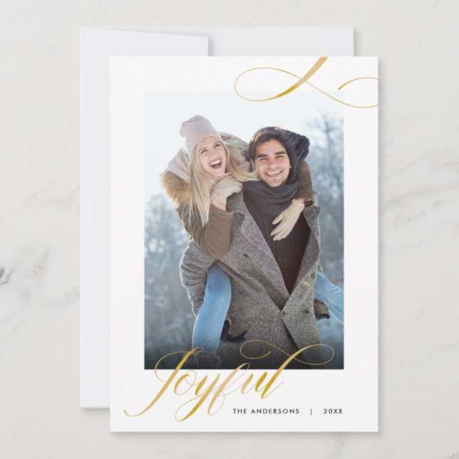 Joyful Elegant Script Photo Christmas Holiday Card (Front)
