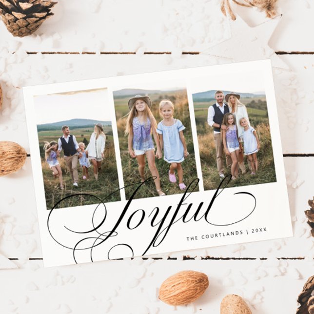 Joyful Elegant Script White Multi Photo Holiday Card (Creator Uploaded)