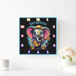 Joyful elephant strumming a guitar square wall clock