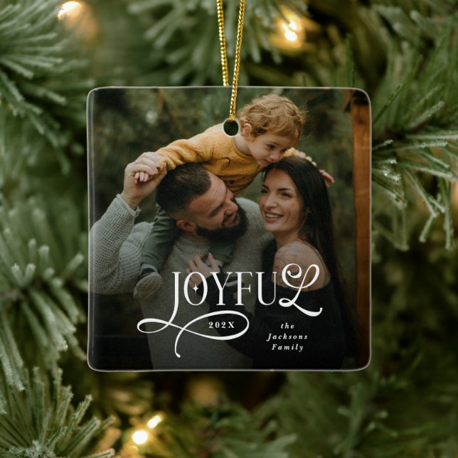 Joyful Family 2 Photo Christmas  Ceramic Ornament (Tree)