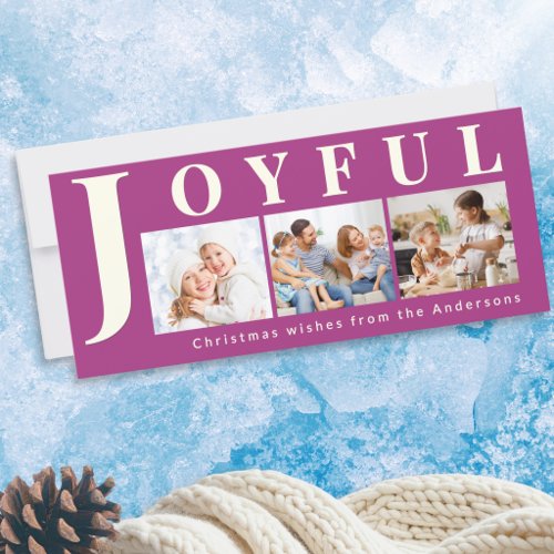 Joyful Family 3 Photo Collage Magenta Christmas Holiday Card