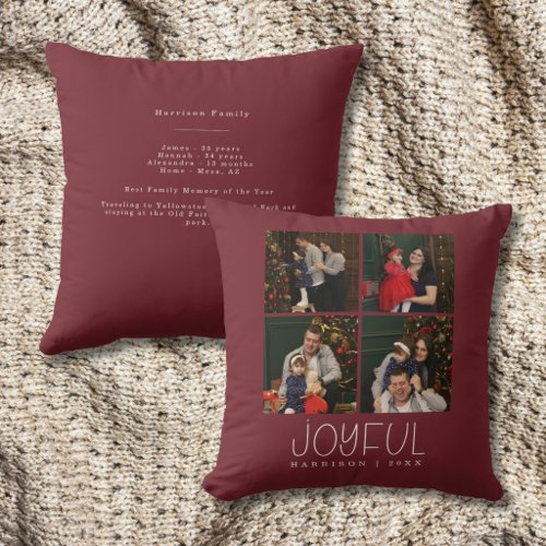 Joyful Family 4 Photo Modern Name Keepsake Throw Pillow