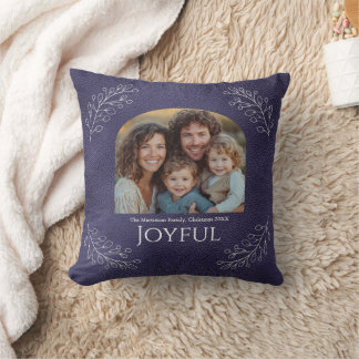 Joyful Family Christmas Photo Elegant Blue  Throw Pillow