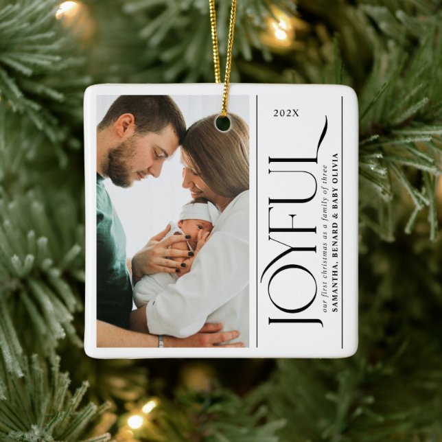 Joyful Family of Three Pregnancy Photo Ceramic Ceramic Ornament (Tree)