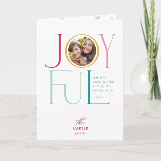 JOYFUL FAMILY PHOTO modern elegant icon colorful Holiday Card (Front)
