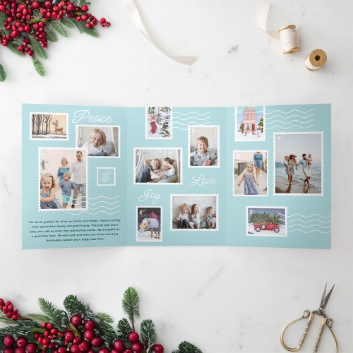 Joyful Family Photos Fun Postage Stamps Collage Tri_Fold Holiday Card