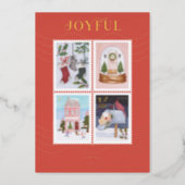 Joyful Festive Christmas Scenes Postage Stamps Foil Holiday Card (Front)