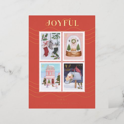 Joyful Festive Christmas Scenes Postage Stamps Foil Holiday Card