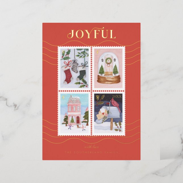 Joyful Festive Christmas Scenes Postage Stamps Foil Holiday Card (Standing Front)