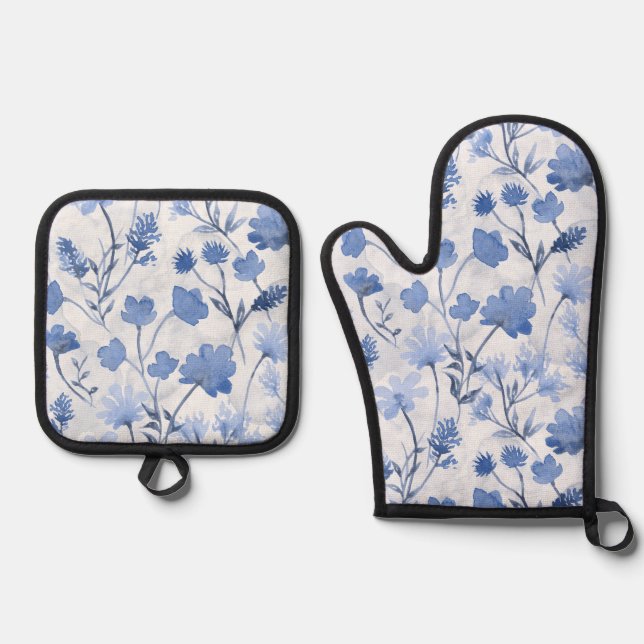 Joyful Flora Oven Mitt & Pot Holder Set - Indigo (Front)