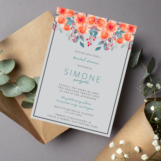 Joyful Floral Orange and Teal Bridal Shower Invitation (Creator Uploaded)