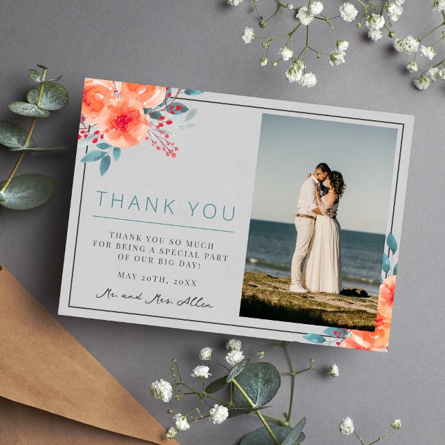 Joyful Floral Orange and Teal Bright Thank You Card (Creator Uploaded)