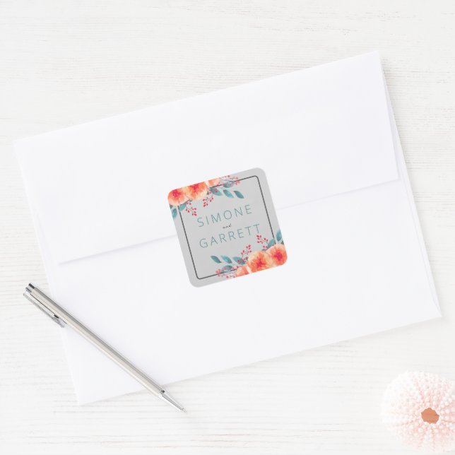 Joyful Floral Orange and Teal Bright Wedding Square Sticker (Envelope)