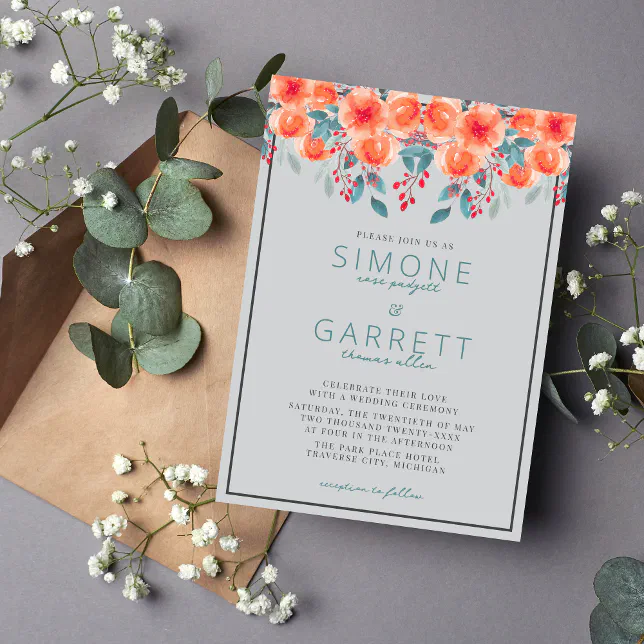 Joyful Floral Orange and Teal Wedding Invitation
