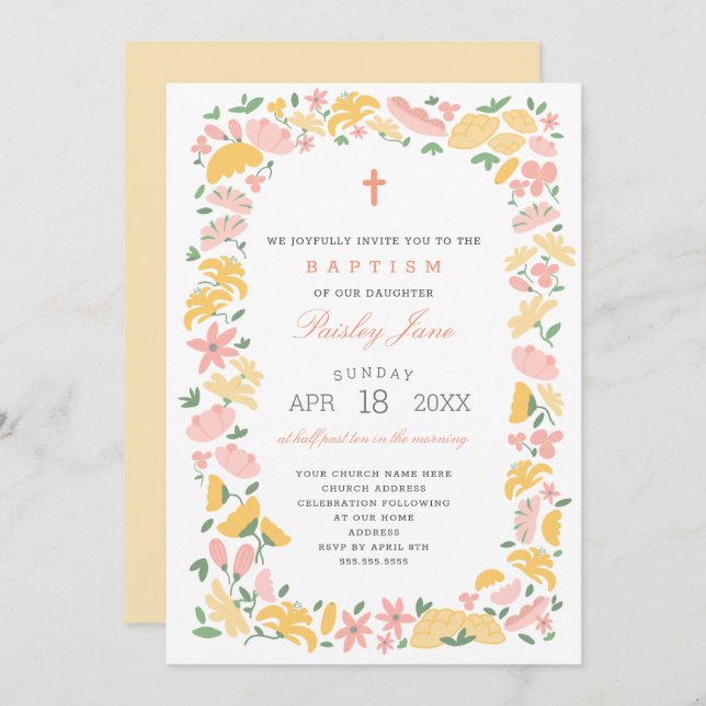 Joyful Floral Wreath girl baptism invitation (Front/Back)