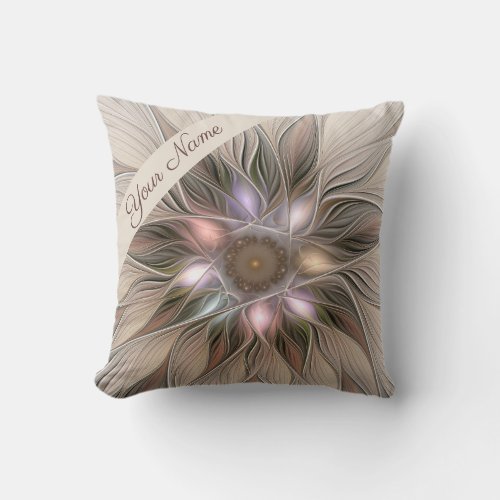 Joyful Flower Abstract Art Beige Brown Floral Name Throw Pillow
