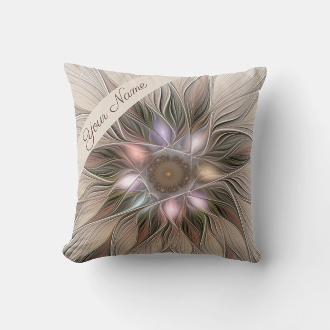 Joyful Flower Abstract Art Beige Brown Floral Name Throw Pillow (Front)