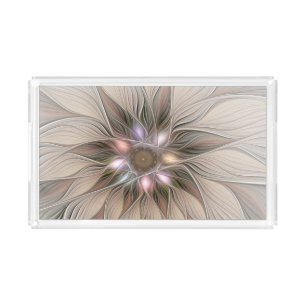 Joyful Flower Abstract Beige Brown Floral Fractal Acrylic Tray