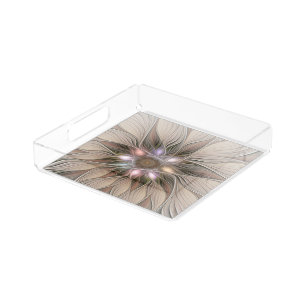 Joyful Flower Abstract Beige Brown Floral Fractal Acrylic Tray