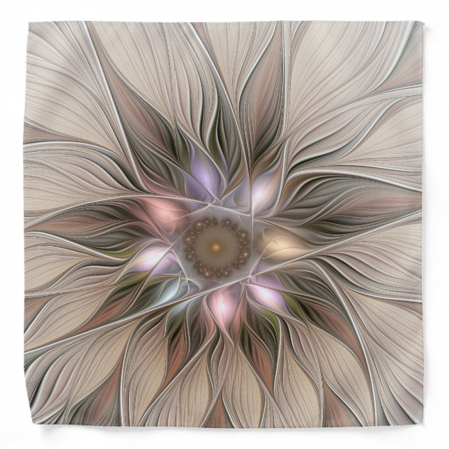 Joyful Flower Abstract Beige Brown Floral Fractal Bandana (Front)