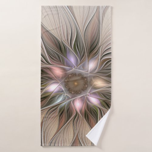 Joyful Flower Abstract Beige Brown Floral Fractal Bath Towel