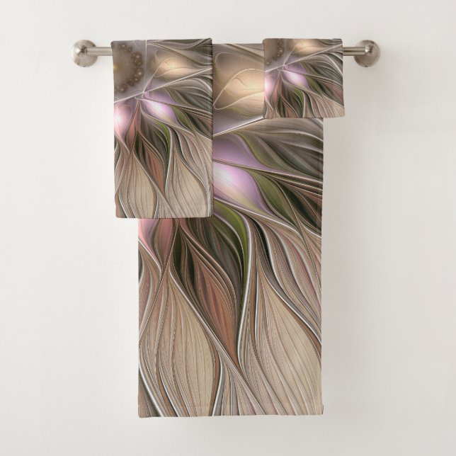 Joyful Flower Abstract Beige Brown Floral Fractal Bath Towel Set (Insitu)