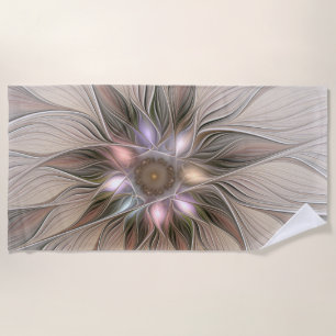 Joyful Flower Abstract Beige Brown Floral Fractal Beach Towel