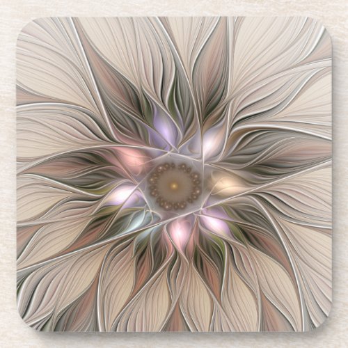 Joyful Flower Abstract Beige Brown Floral Fractal Beverage Coaster