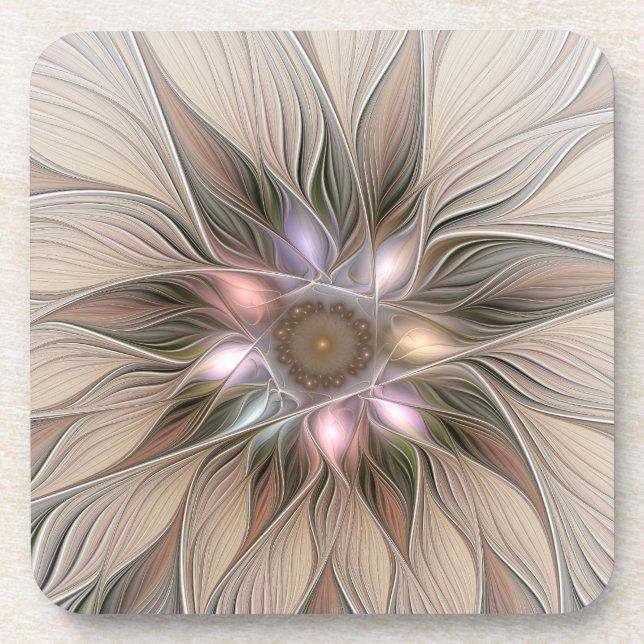 Joyful Flower Abstract Beige Brown Floral Fractal Beverage Coaster (Front)