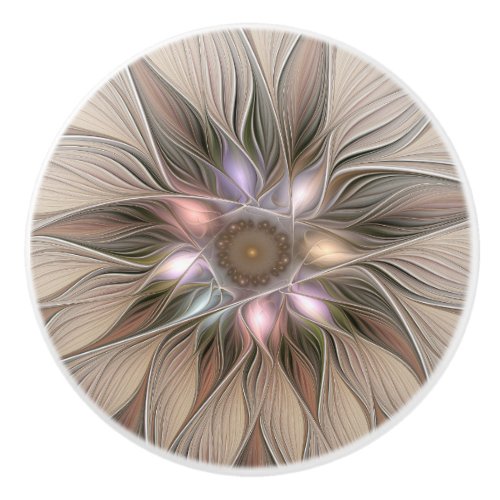 Joyful Flower Abstract Beige Brown Floral Fractal Ceramic Knob