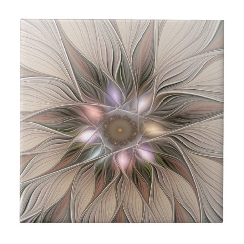 Joyful Flower Abstract Beige Brown Floral Fractal Ceramic Tile