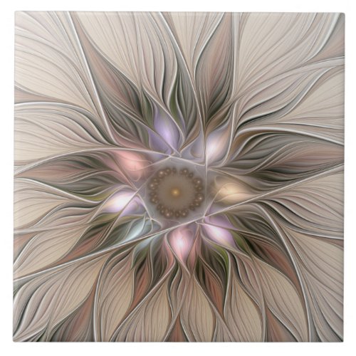 Joyful Flower Abstract Beige Brown Floral Fractal Ceramic Tile