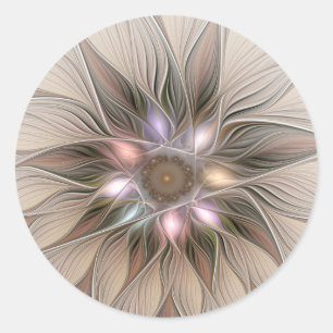Joyful Flower Abstract Beige Brown Floral Fractal Classic Round Sticker