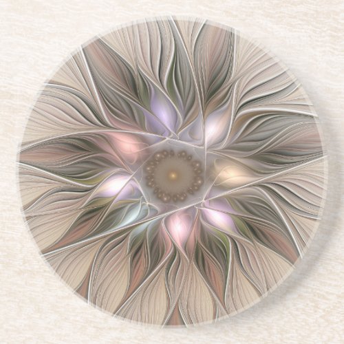 Joyful Flower Abstract Beige Brown Floral Fractal Coaster