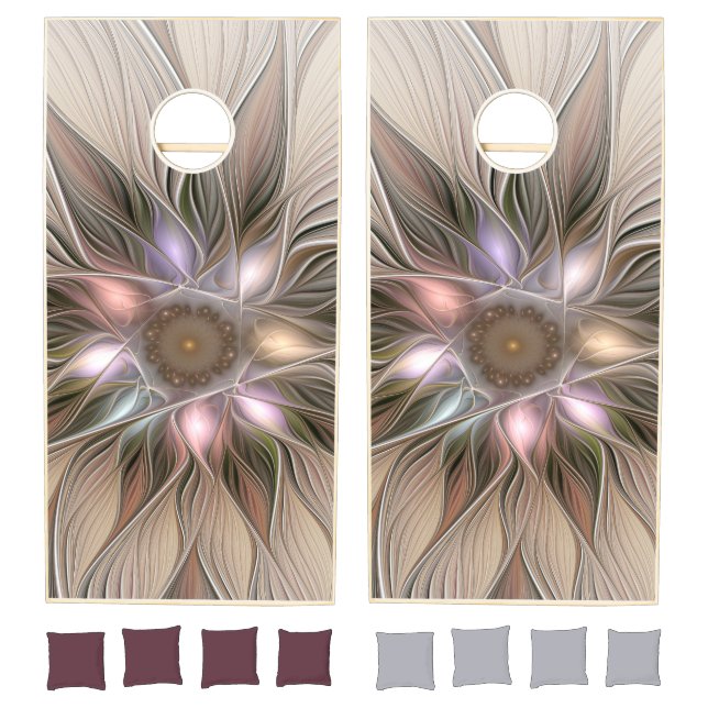 Joyful Flower Abstract Beige Brown Floral Fractal Cornhole Set (Set)