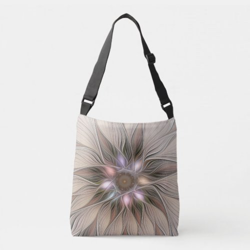 Joyful Flower Abstract Beige Brown Floral Fractal Crossbody Bag