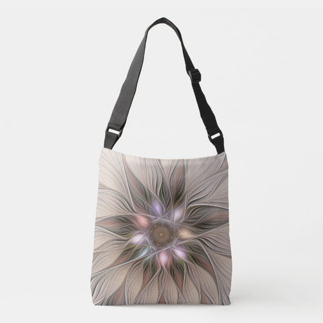 Joyful Flower Abstract Beige Brown Floral Fractal Crossbody Bag (Front)
