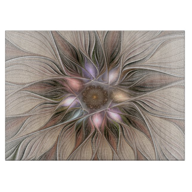 Joyful Flower Abstract Beige Brown Floral Fractal Cutting Board (Front)
