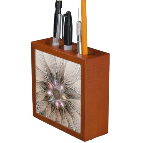 Joyful Flower Abstract Beige Brown Floral Fractal Desk Organizer