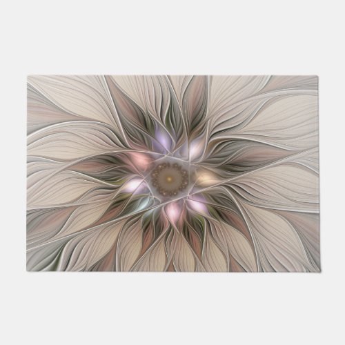 Joyful Flower Abstract Beige Brown Floral Fractal Doormat