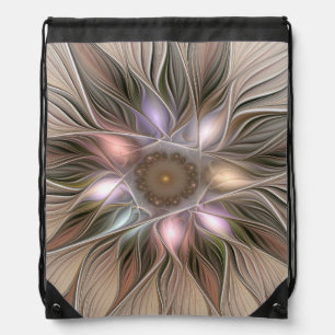 Joyful Flower Abstract Beige Brown Floral Fractal Drawstring Bag