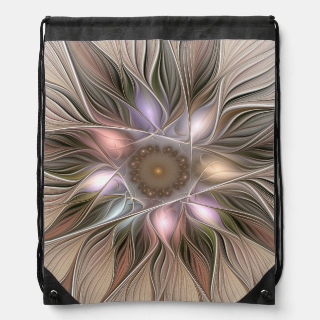 Joyful Flower Abstract Beige Brown Floral Fractal Drawstring Bag (Front)