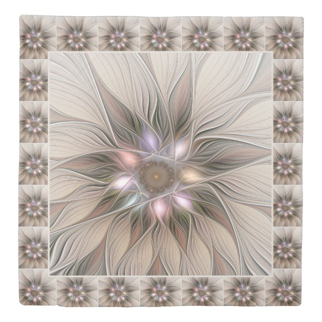 Joyful Flower Abstract Beige Brown Floral Fractal Duvet Cover (Front)