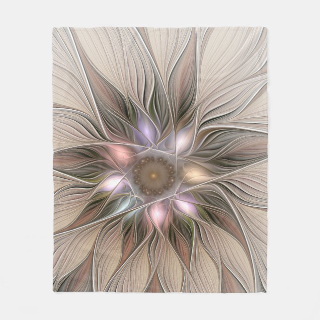 Joyful Flower Abstract Beige Brown Floral Fractal Fleece Blanket (Front)