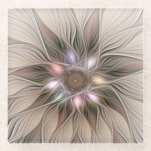 Joyful Flower Abstract Beige Brown Floral Fractal Glass Coaster