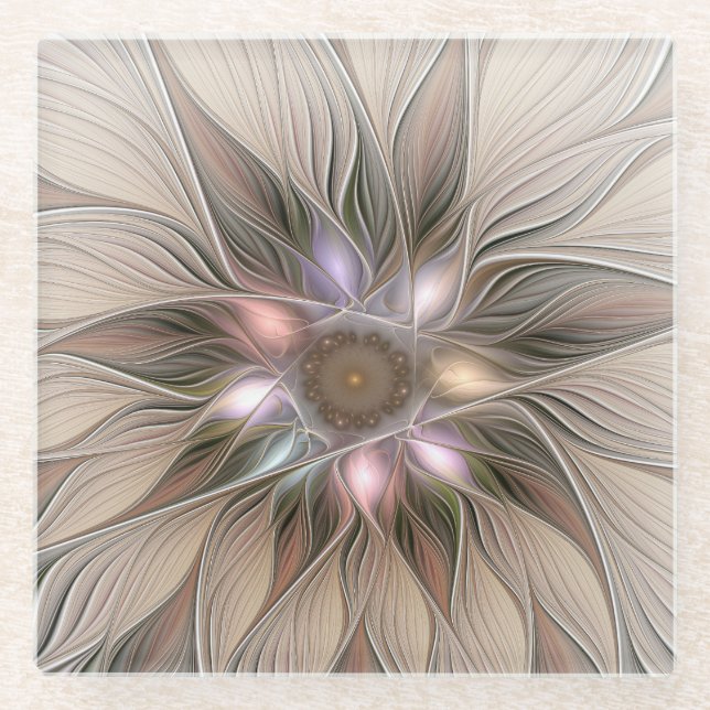 Joyful Flower Abstract Beige Brown Floral Fractal Glass Coaster (Front)