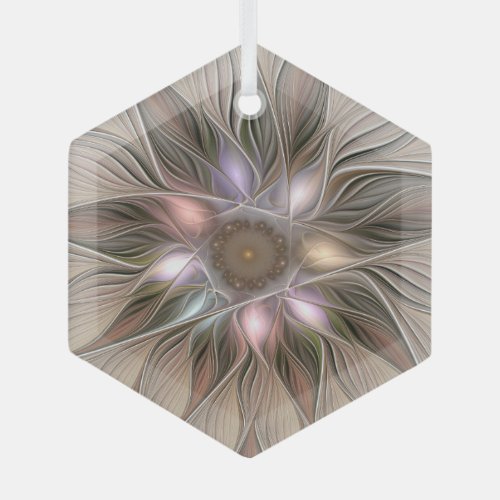 Joyful Flower Abstract Beige Brown Floral Fractal Glass Ornament